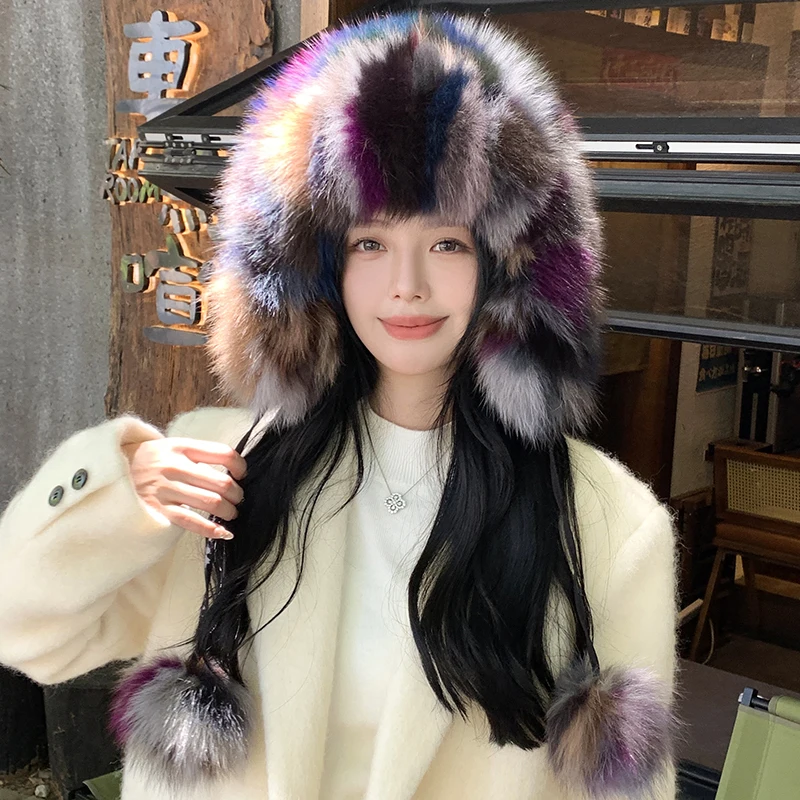 Real Mink Fur Hat with Fox Fur Ball for Women Russian Autumn Bomber Hats Earmuffs Protective Cap Winter Warm
