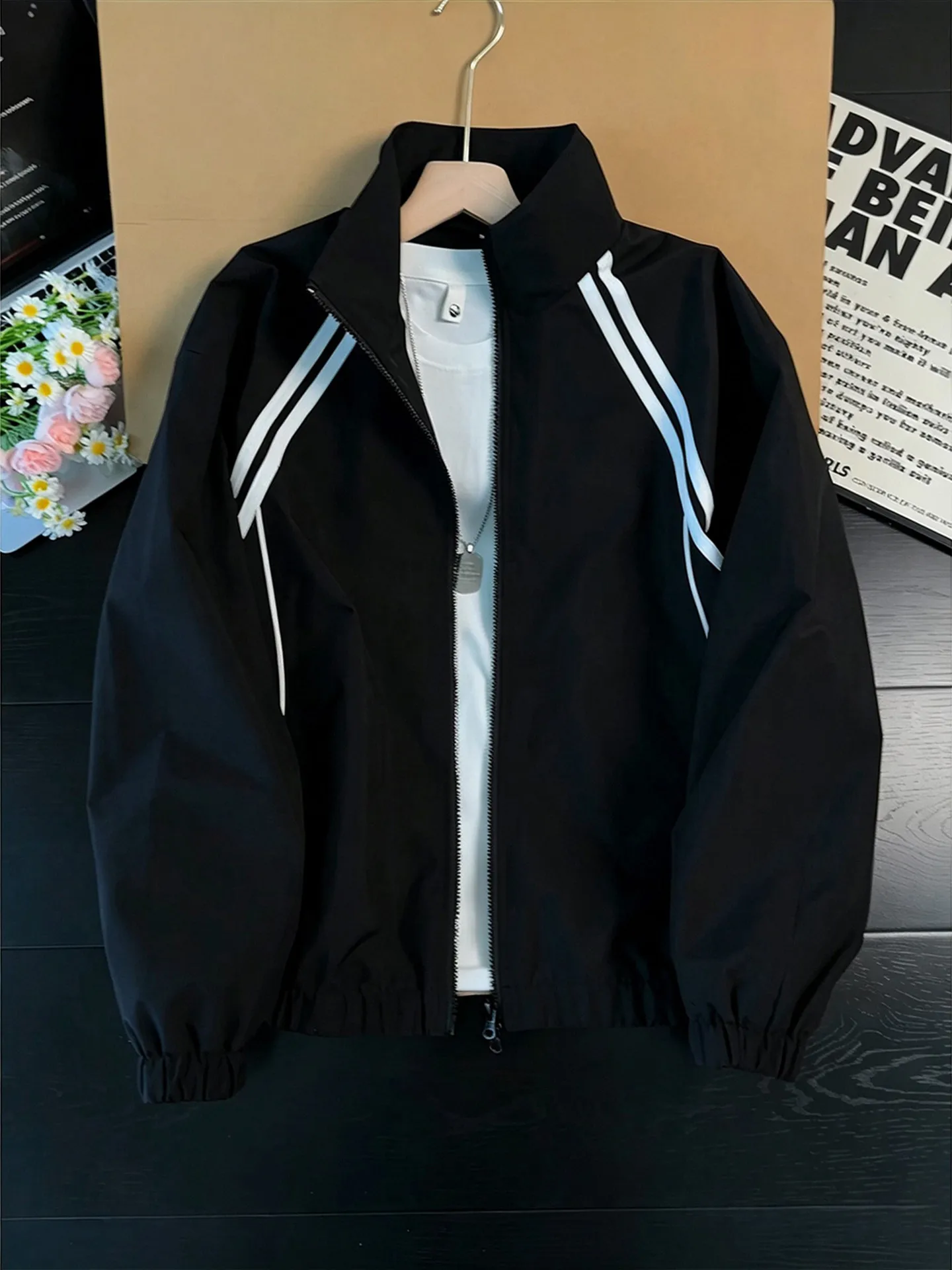 Black Stripe MA1 Coat Unisex Short Style Stand Collar Baseball Jacket American Short Sleeve Zipper Closure No Hat Youth Fashion