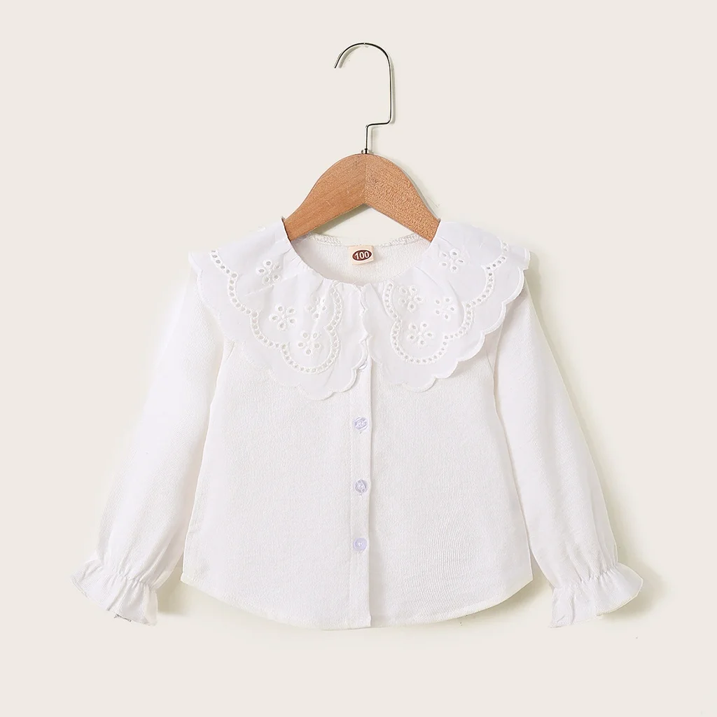 1-6 Years Kids Girls Long Sleeve Top Lace Doll Collar Autumn Korean Style White Shirt Toddlers Girls Daily Versatile Clothes