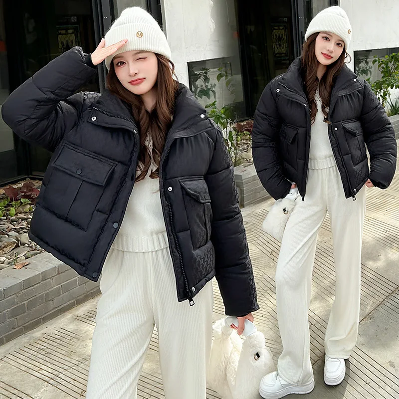 Parkas Coat Women Solid Short Jacket Pocket Drawstring Zipper Stand Collar Long Sleeve Loose Fit  Office Lady Casual 2025 Winter