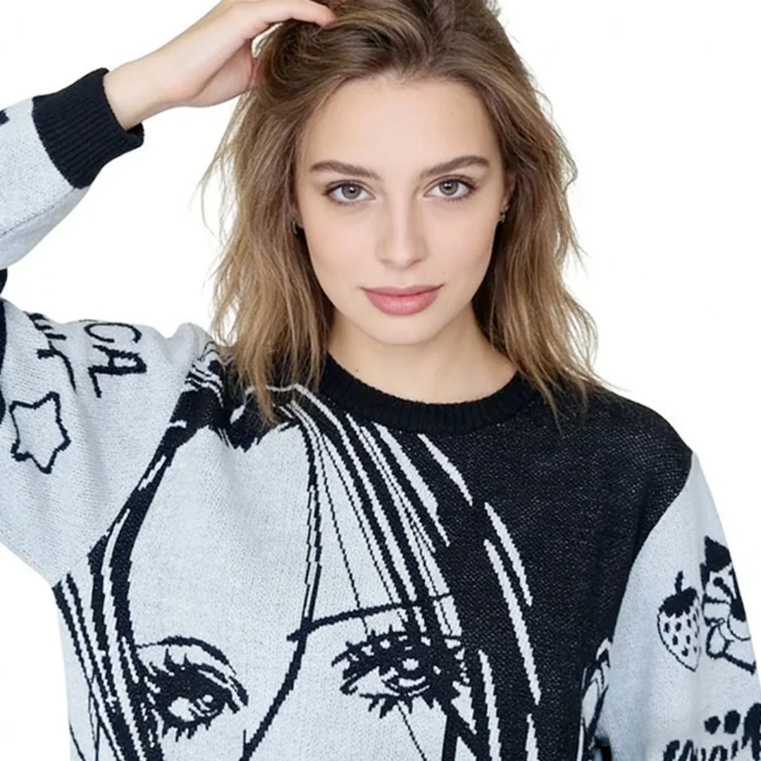 

Новый модный пуловер с героями мультфильмов аниме из Европы и Америки, вязаный свободный мужской и женский топ с длинными рукавами в стиле хип-хоп