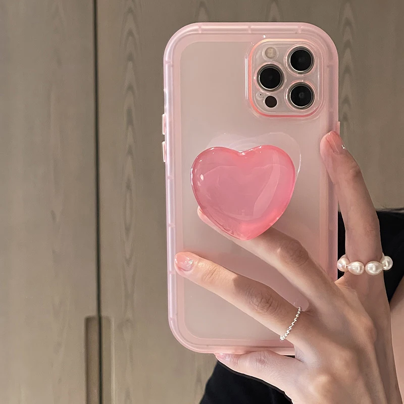 Japan Korean Jelly Pink Love Heart Stand Holder Clear Soft Case For IPhone XS 11 12 13 14 15 16 Pro Max Protective Back Cover