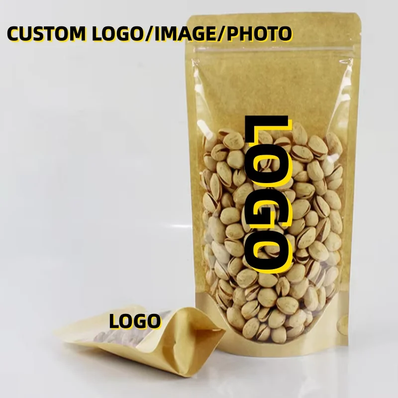 

100PCS Clear Front Stand Up Kraft Paper Zipper Bags Resealable Food Storage Pouches for Snack Candy Coffee Cereals Spices Gifts