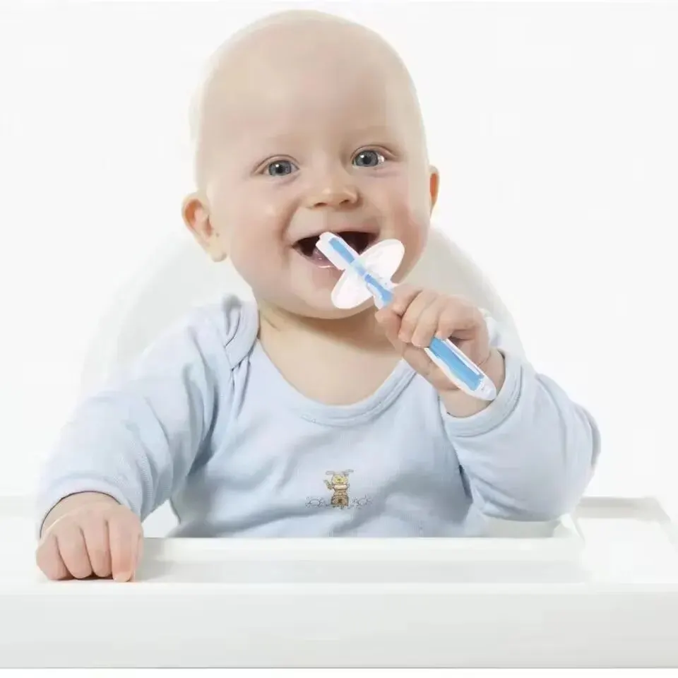 1PC 100% Food Grade Soft Handle Flexible Silicone Rubber Teether Infant Training Baby Toothbrush Factory Price