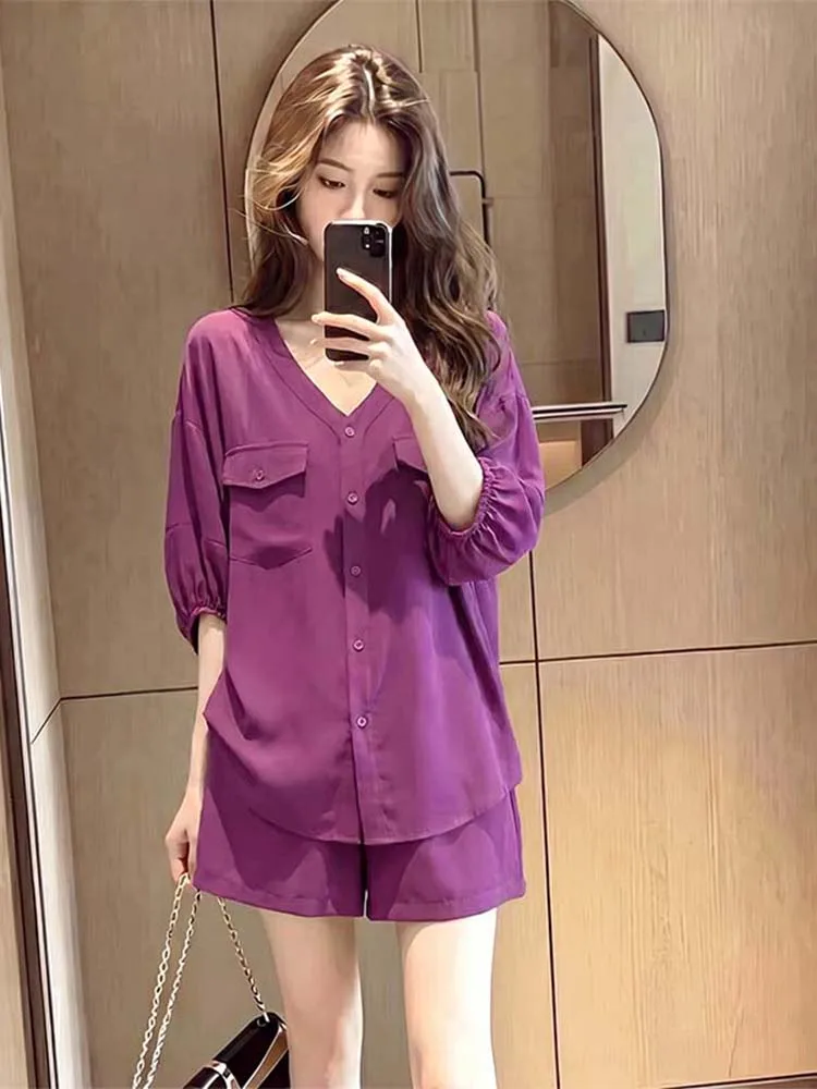 Slimming Effect Casual Loose Women's Two-Piece Set Summer New Style Shirt Shorts Anti-Aging Slimming Suit High Waist Shorts