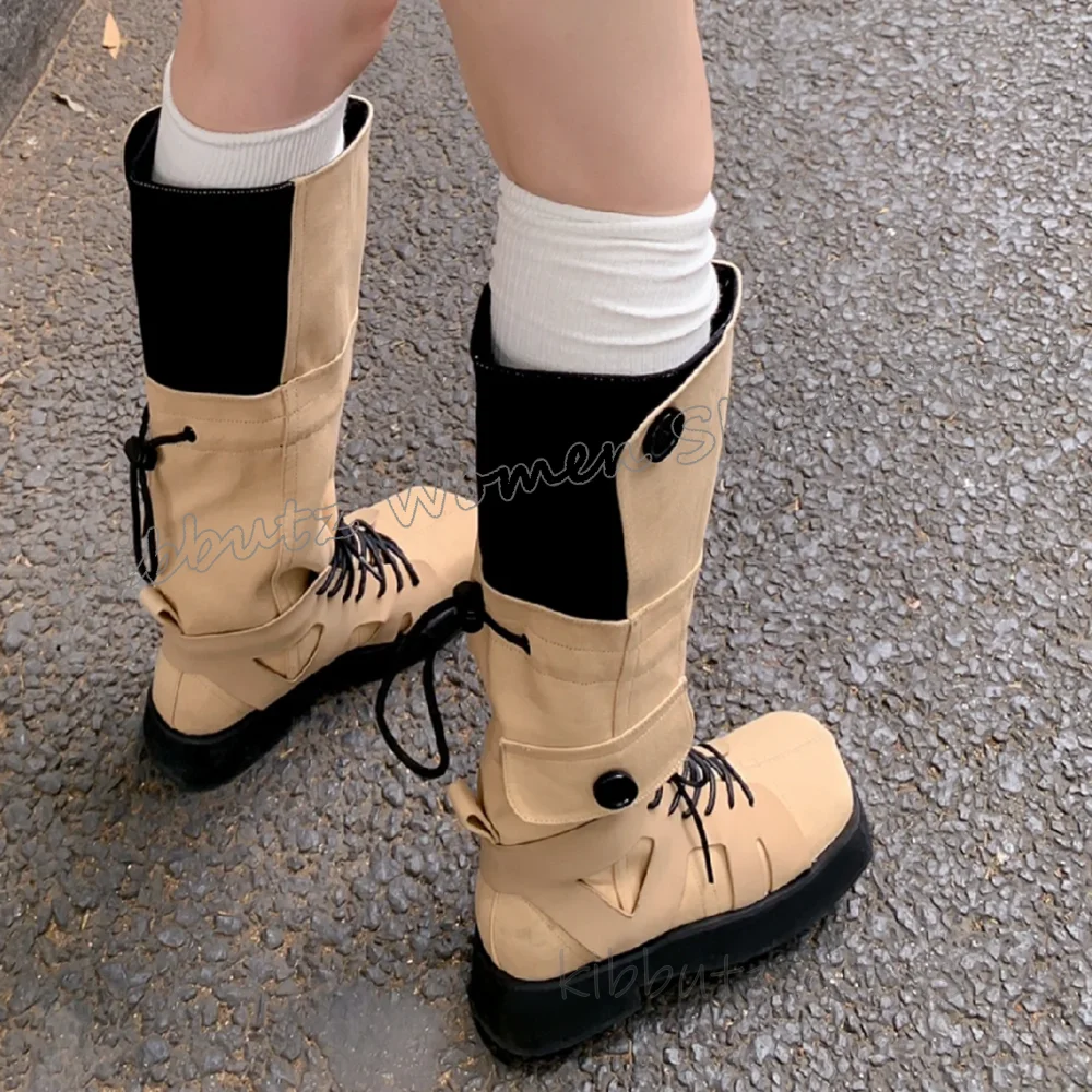 

Climbing Knee High Boots Drawstring Novelty Fashion Novelty Concise Outdoor Patchwork Women Shoes Round Toe Chunky Heels Lace-Up