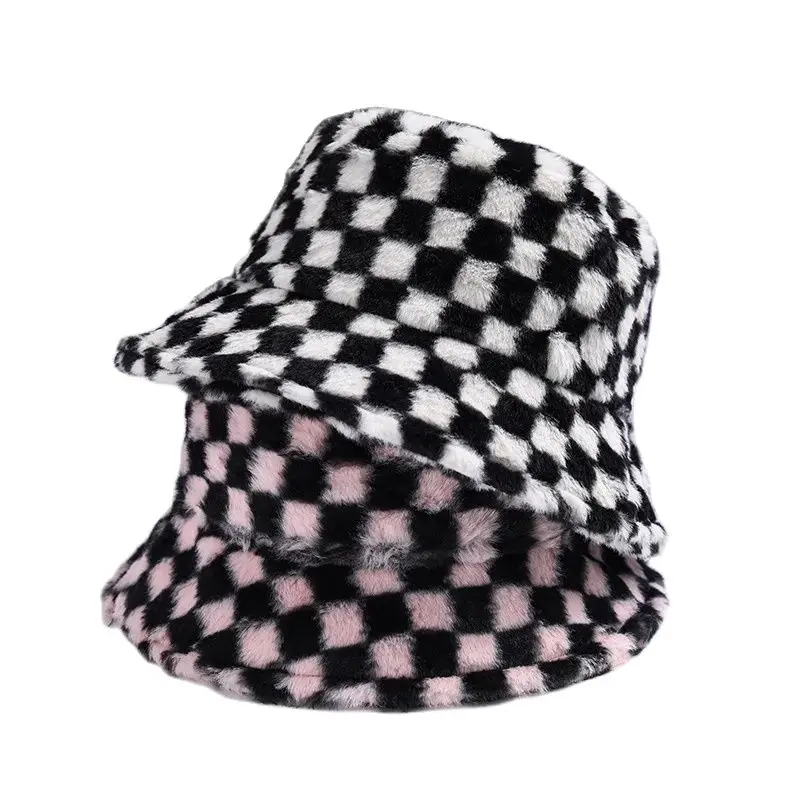 Ins Checkerboard Hat Women's Autumn and Winter Korean Version Plush Pink Bucket Hat Student Cute Warm Plaid Chess Basin Hat