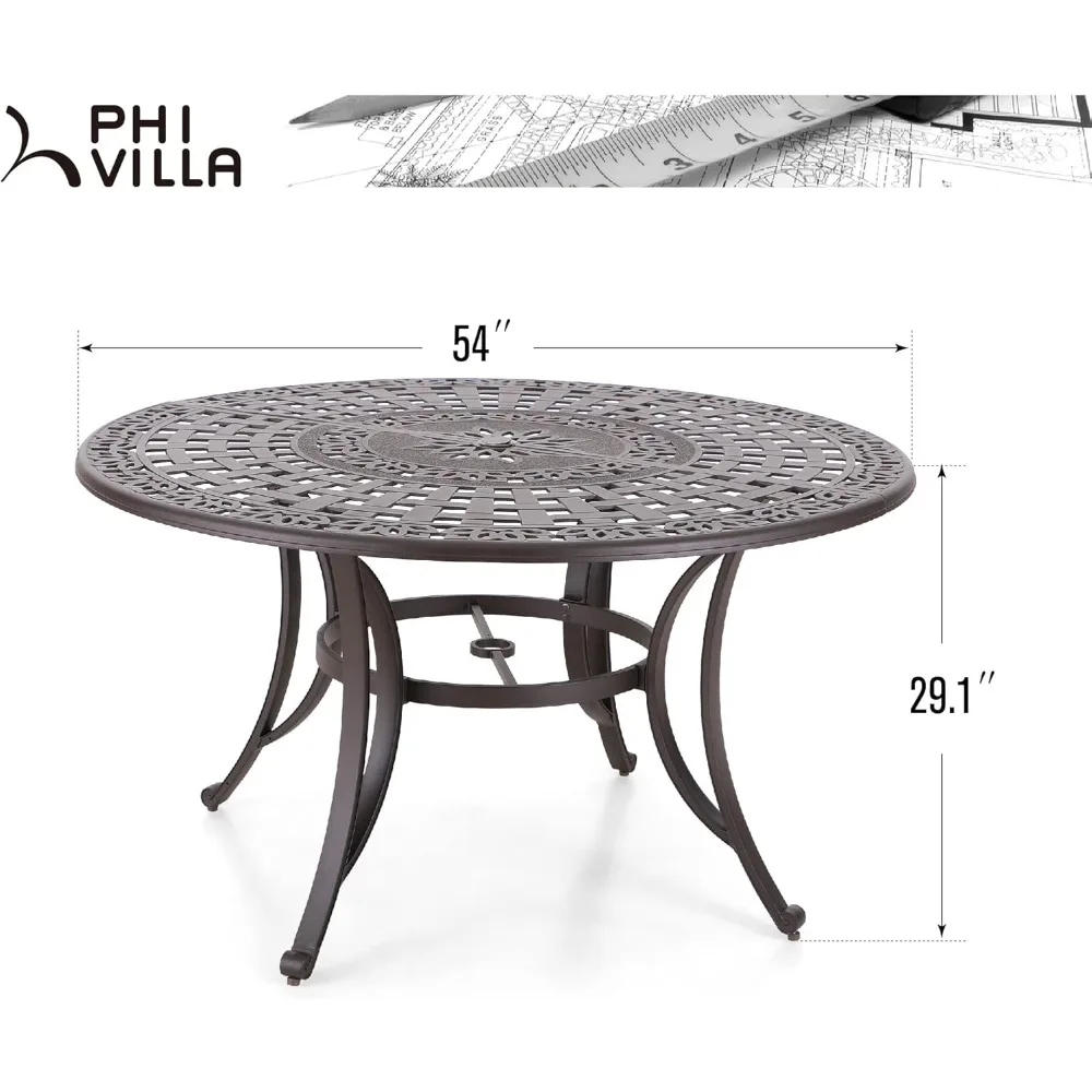 6인용 원형 파티오 식탁, 야외 알루미늄 테이블 지름 54인치, 파라솔 구멍 2.1인치, 잔디밭 정원 테이블