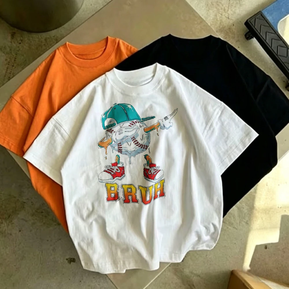 Bruh Dabbing Baseball Character Cap Sneaker Drip Print Oversized Cotton Tee Hip Hop Sports Loose Short Sleeve Tops