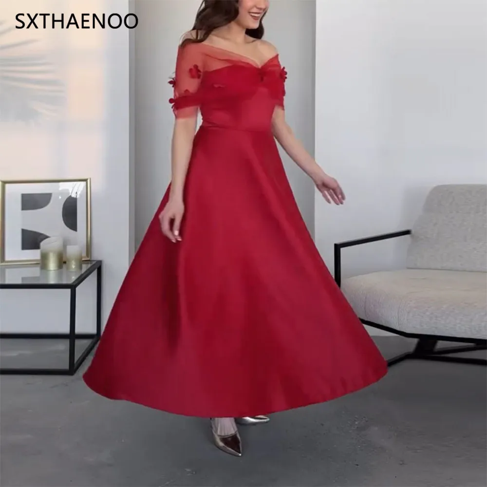 

SXTHAENOO Trendy Shawl Sleeve Mesh Princess Dress Elegant Off Shoulder Red Evening Dress Temperament Spliced Satin A-line Dress