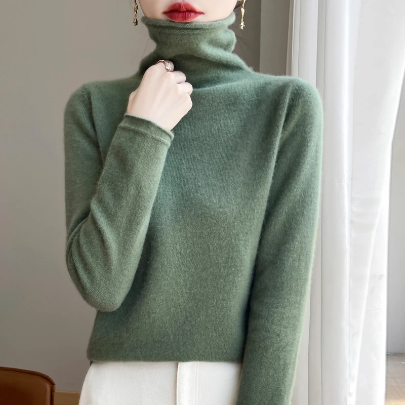 Merino Wool Cashmere Sweater Women's High Stacked Collar Pullover Long Sleeve Winter Knitted Sweater Warm High Quality Jumper