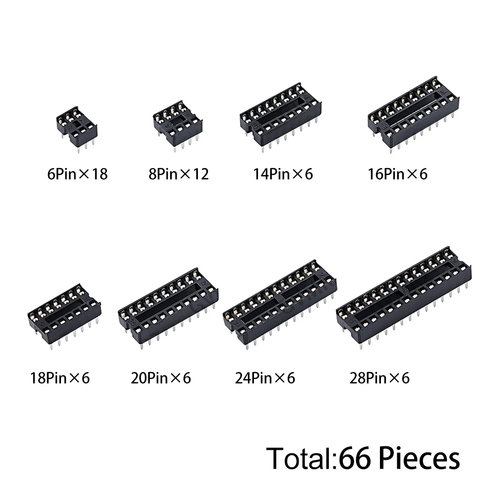 66PCS/lot with Box DIP IC Sockets Adaptor Solder Type Socket Kit 6 8 14 16 18 20 24 28 Pin DIP-6 DIP-8 DIP-14 IC Connector