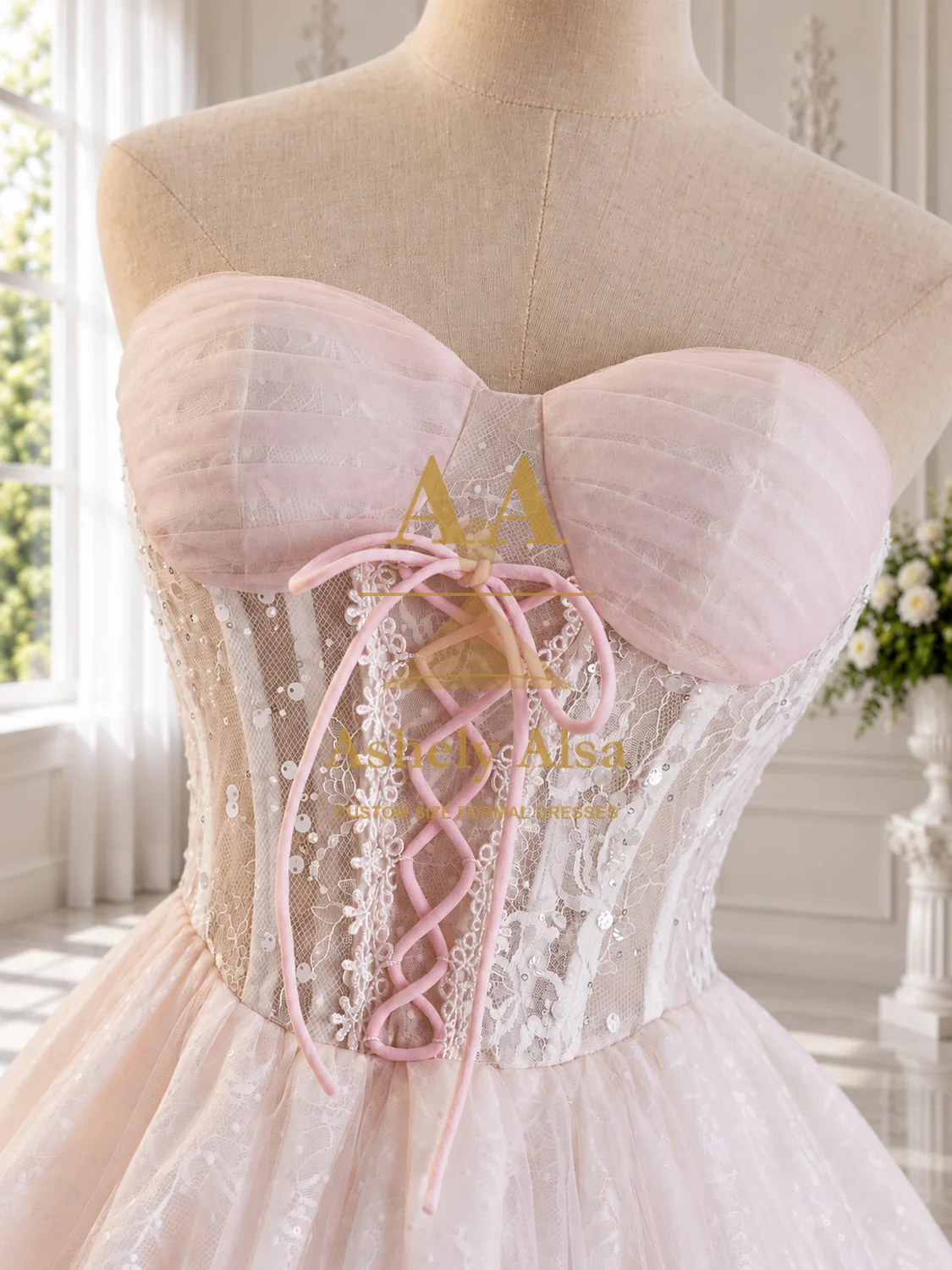 Pink Sweetheart Party Dress with Lace Corset Ribbon Front Detail and Soft Layered Ruffle Mini Skirt for Formal Evening Events