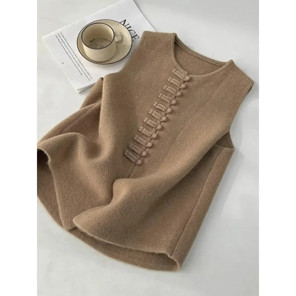 Cardigan tendance sans manches, gilet, nouveau printemps automne, Vintage, col rond, boutons solides, tricoté, vêtements pour femmes, hauts basiques