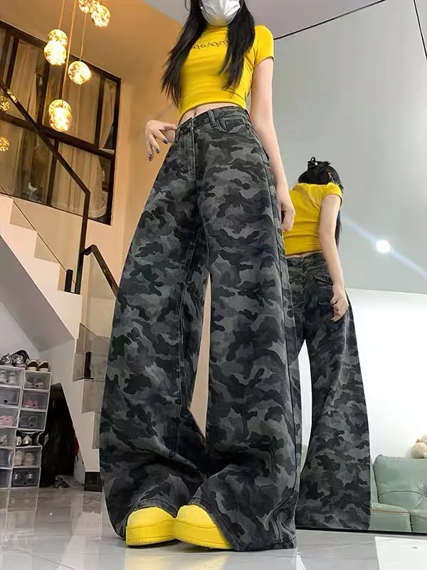 High Waist Camouflage Casual Pants for Girls Loose Fit Floor Length Trousers American Style Washed Denim High School Students