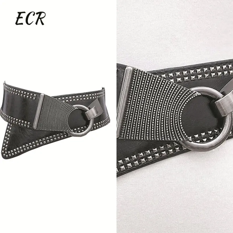 Ecr Colorblock High Street Fashion Pu Lederen Riem Voor Vrouwen Minimalistische Patchwork Klinknagel Riemen Vrouwelijke Lente Accessoires Stijl