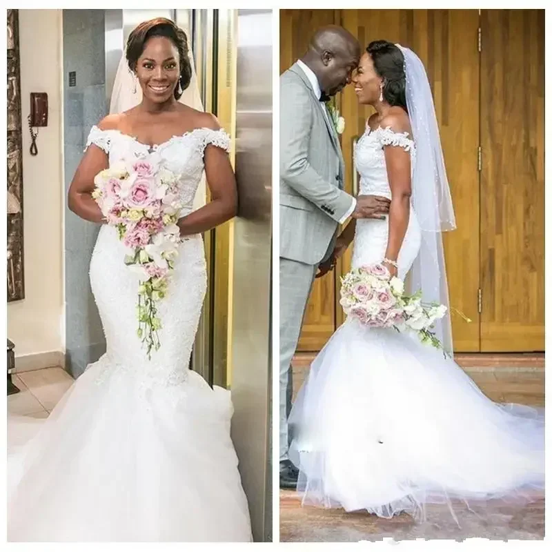 Customized African Off The Shoulder Beach Wedding Dresses Lace Mermaid Wedding Dress Count Train Black Girls Bridal Gowns