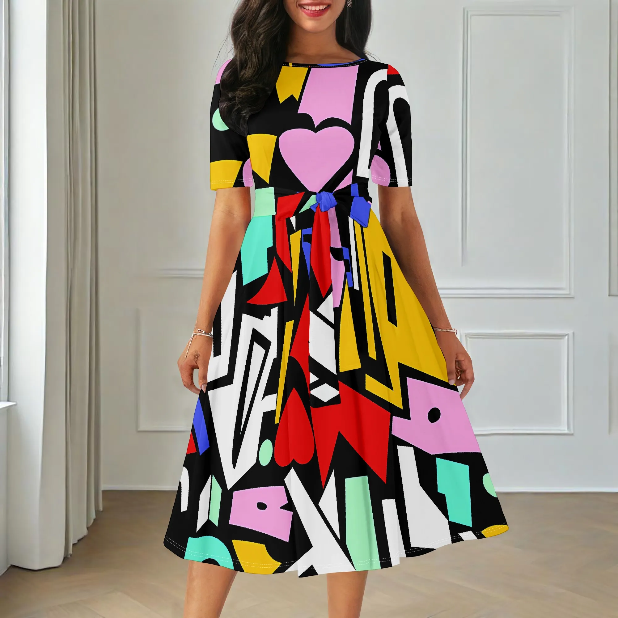 

Women's Summer Fashion Printed Short Sleeve Splits On Both Sides Maxi Dress for Sleeve Pocket Dress3D Printed