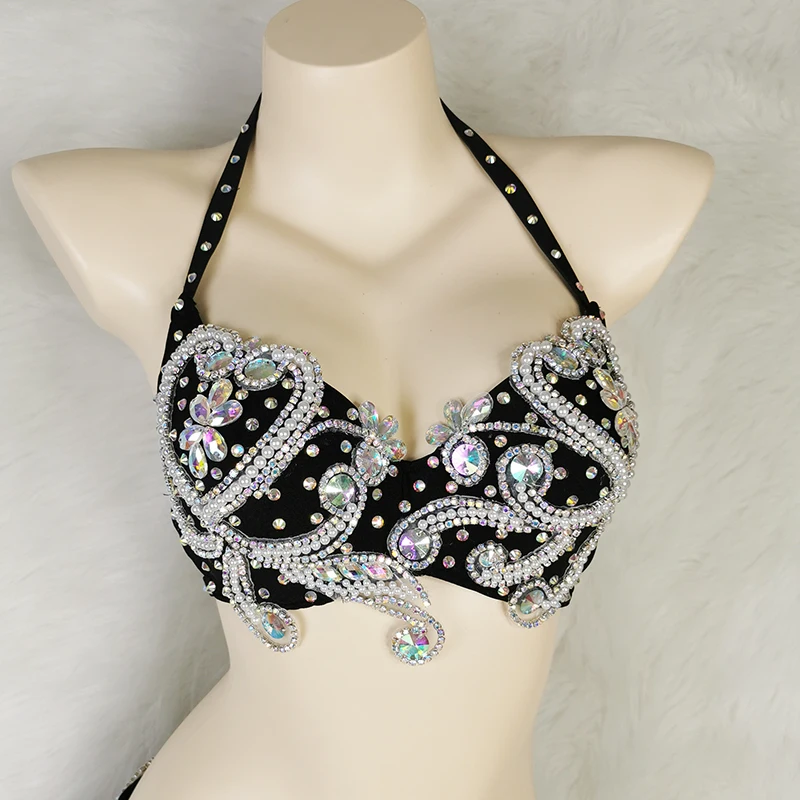 Preto cristal de cristal dança do ventre traje barra + cinto 2pc conjunto biquíni clube festa roupa senhoras dança do ventre carnaval samba mostrar