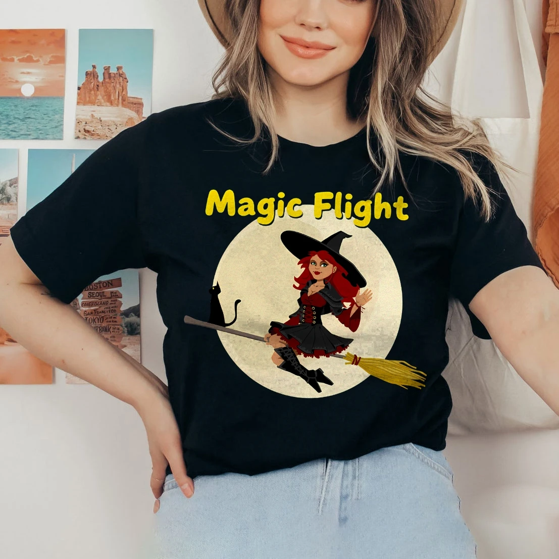 

Y2K Women‘s Clothes Cotton Casual T-Shirt Crew Neck Graphic Tees Street Wear Cartoon Witch Moon Broom Black Cat Magic