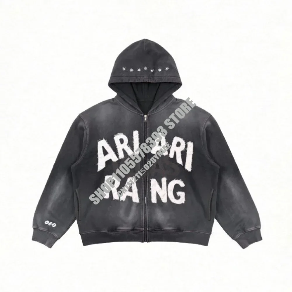 Retro Washed Black Hoodie, Distressed Tour ARIRANG Print Zip-Up Jacket, Oversized Frayed Streetwear, Casual Hooded Sweatshirt
