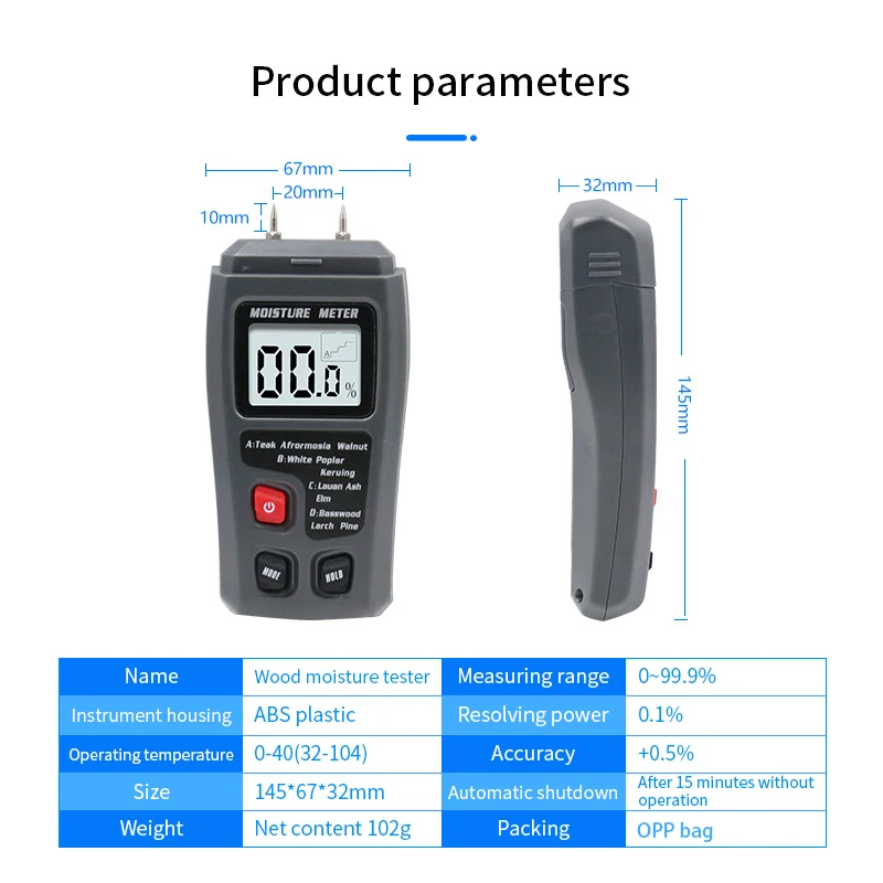 EMT01 0-99.9% Twee Pins Digital Hout Vochtmeter Hout Vochtigheid Tester Hygrometer Timber Vochtige Detector Grote Lcd Display