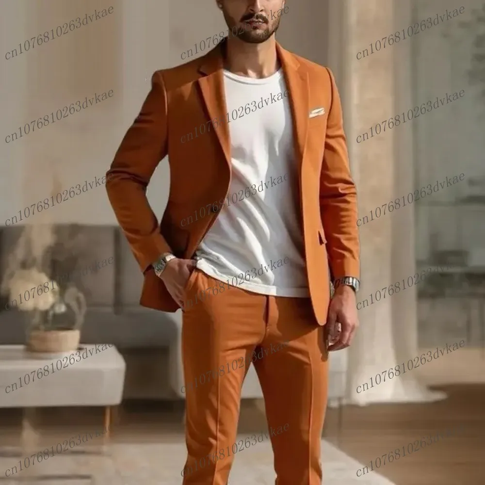 

New Dark Orange Business Men Suit Groom Groomsman Wedding Party Prom Formal Occasion Male Tuxedos 2 Piece Set Blazer Pants