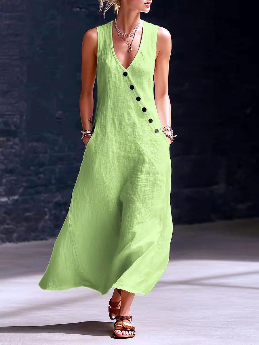 Sommerlicher, lässiger V-Ausschnitt-Overall aus Baumwoll-Leinen mit Knöpfen, ärmellos, lang, Maxi-Länge, mit Taschen, elegantes Urlaubskleid