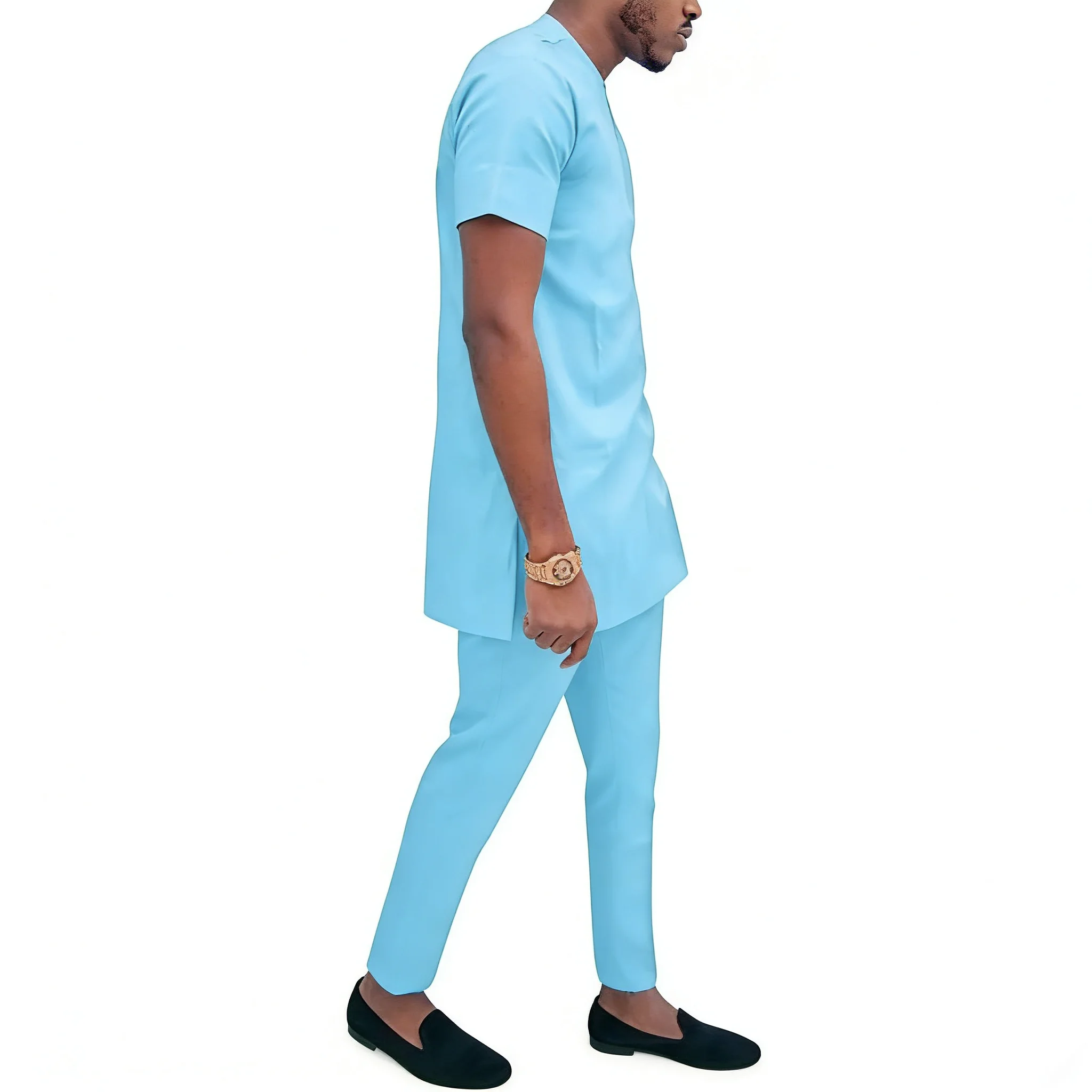 African Clothes Sky Blue Cotton Elastic Men\'s Set Short Sleeve Top+Pant Nigerian Fashion Garment Ultrathin And Breathable