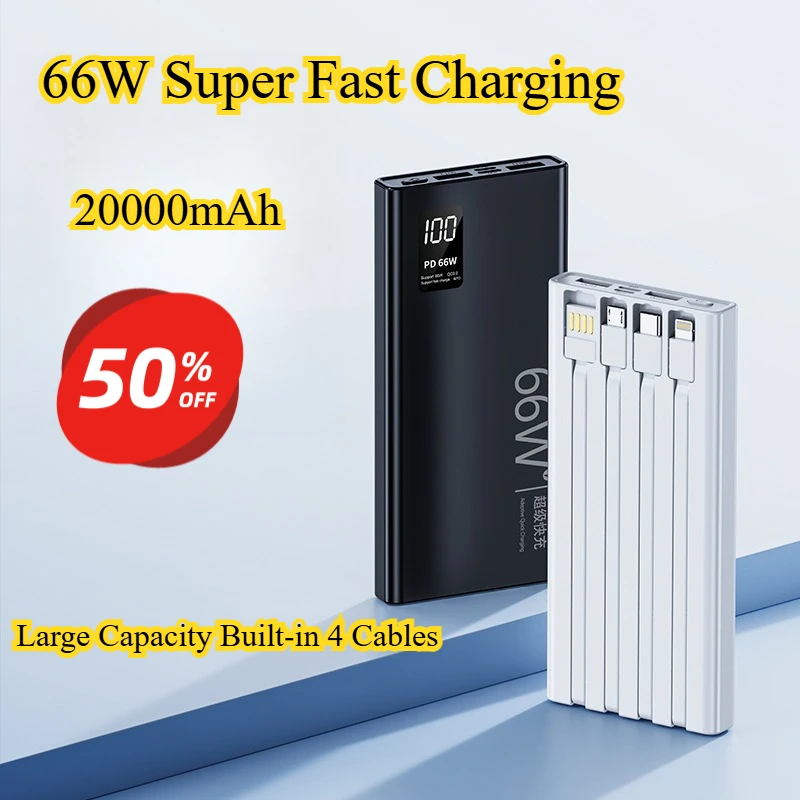 

66W Fast Charging Power Bank 20000mAh Built-in Cable Long Lasting Large Capacity Portable External Battery Built-in Cable