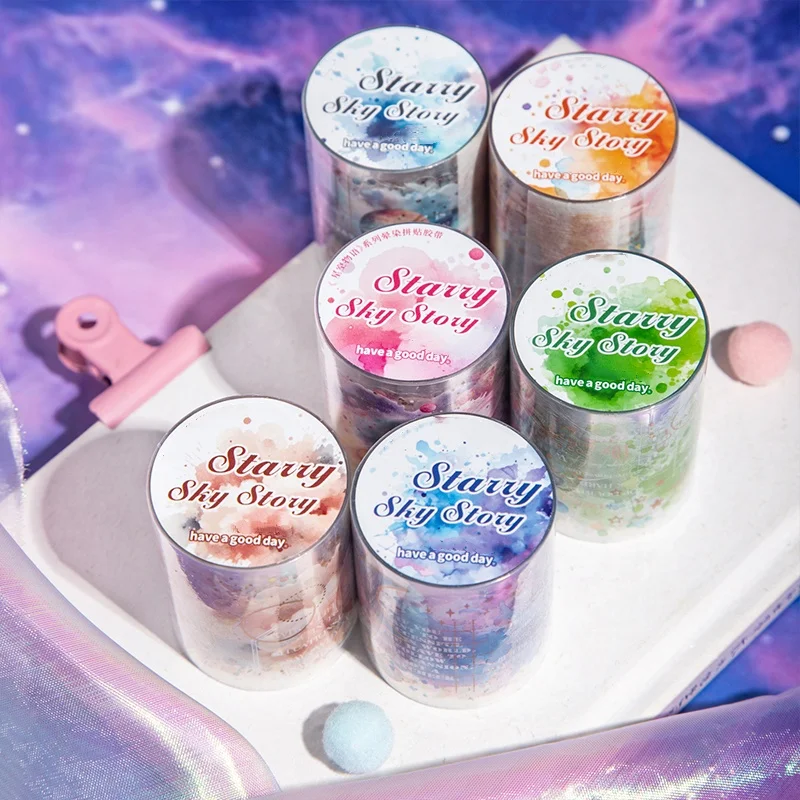 6-roll pack 5cm×200cm starry sky themed PET die-cut tape. Comes with pre-cut design and adhesive backing, suitable for bullet journal backgrounds, DIY phone decorations, greeting cards, cups, planner decorations, stationery use, junk journaling, craft book paper, DIY - perfect for creative arts and crafts, holiday decorations!