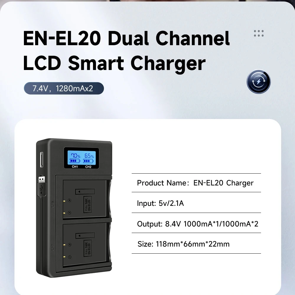 USB LCD 카메라 배터리 충전기 EN-EL20 Nikon COOLPIX P1000 P950 J1 J3 S1 V3용 디지털 충전기