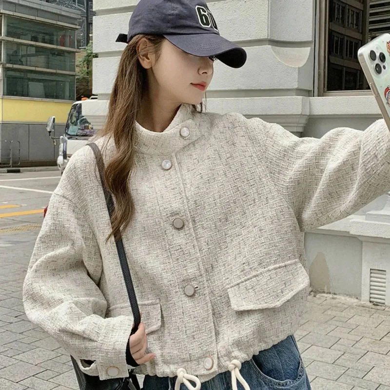 Vintage Sweet Women Loose Tweed Jackets Coats Casual Elegant Long Sleeve Small Fragrance Korean Retro All Match Fall Winter Tops