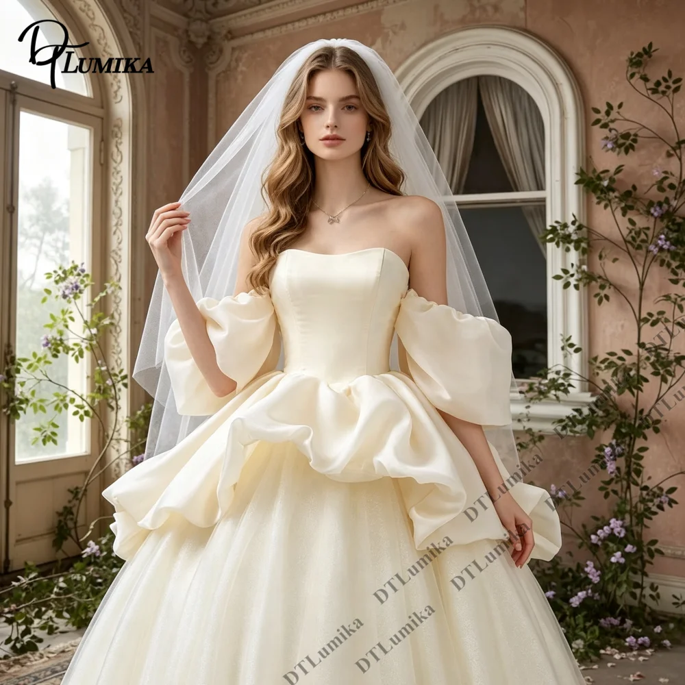 Princess Ball Gown Wedding Dress Strapless Puff Sleeve Champagne Tulle Bridal Gown Sweetheart Neck Wedding Gown Customized 2026