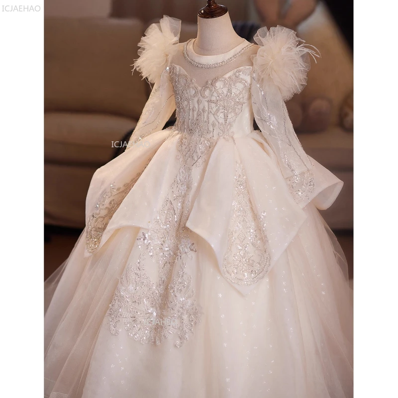

Свадебное платье с цветочным узором для девочек, детское праздничное пышное платье цвета шампанского для девочек, детское праздничное платье на день рождения, торжественное празднование