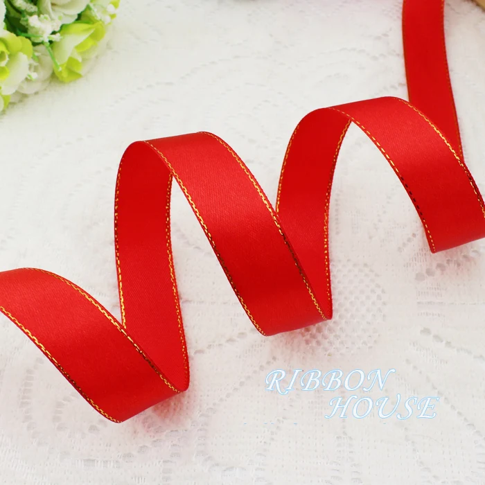 (25 yards/lot) 3/4\'\' (20mm) satin ribbons red gold edge ribbon wholesale high quality gift packaging ribbons