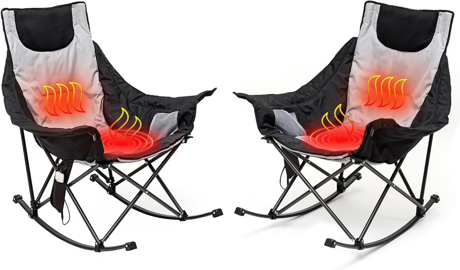 Oversized Heated Camping Chair 2 Pack, Folding Rocking Camping Chairs with Luxury Padded Recliner,Carry Bag, 500 LBS H