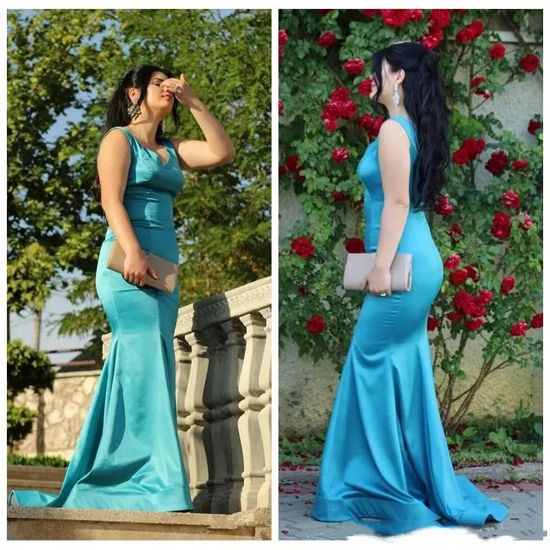 

Fashion Blue Simple V-Neck Mermaid Plus Size Formal Long Evneing Dress vestidos Elegant Evening Formal Prom Dresses Custom