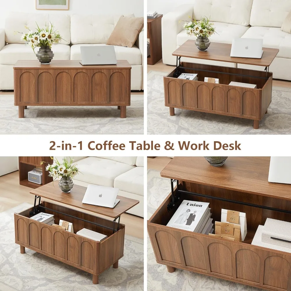Lift Top Coffee Table with Arched Finish, Modern Coffee Table with Lifting Tabletop & Hidden Storage, Wood Center Tab，Customized