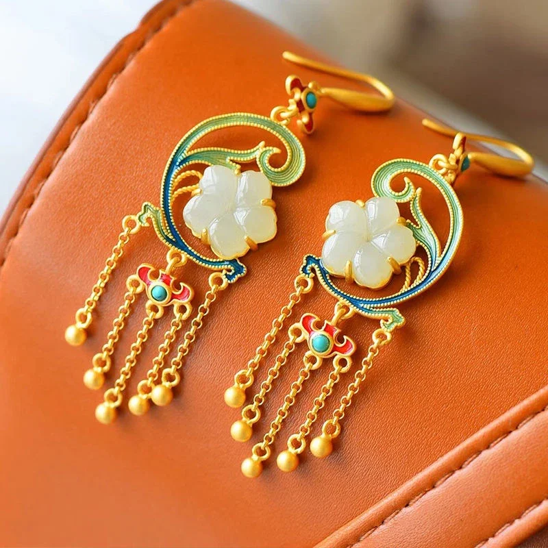 Natural Hetian White Jade Flower Enamel Porcelain Long Earrings Chinese Court Style Retro Gold-plated Tassel Women's Jewelry