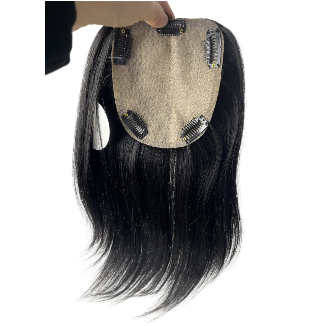 Seidenbasis-Topper für Frauen, 25,4–40,6 cm, Echthaar-Clip-in-Haarverlängerungen, gerade, natürliches Schwarz, realistisches Kopfhaut-Haarteil
