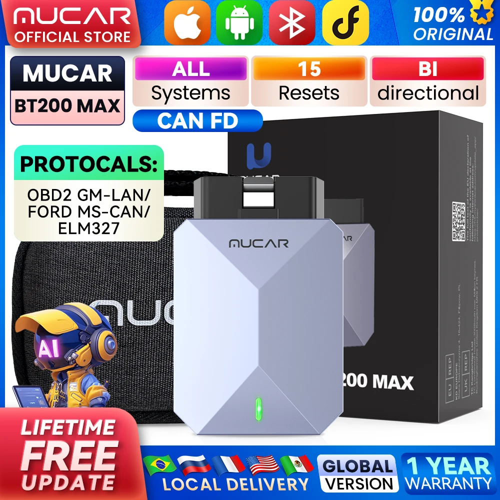 MUCAR BT200 MAX CAN FD OBD2 Scanner 15 Resets AI Car Diagnostic Tools All System Auto Scan Bi-Directional Control Free Update