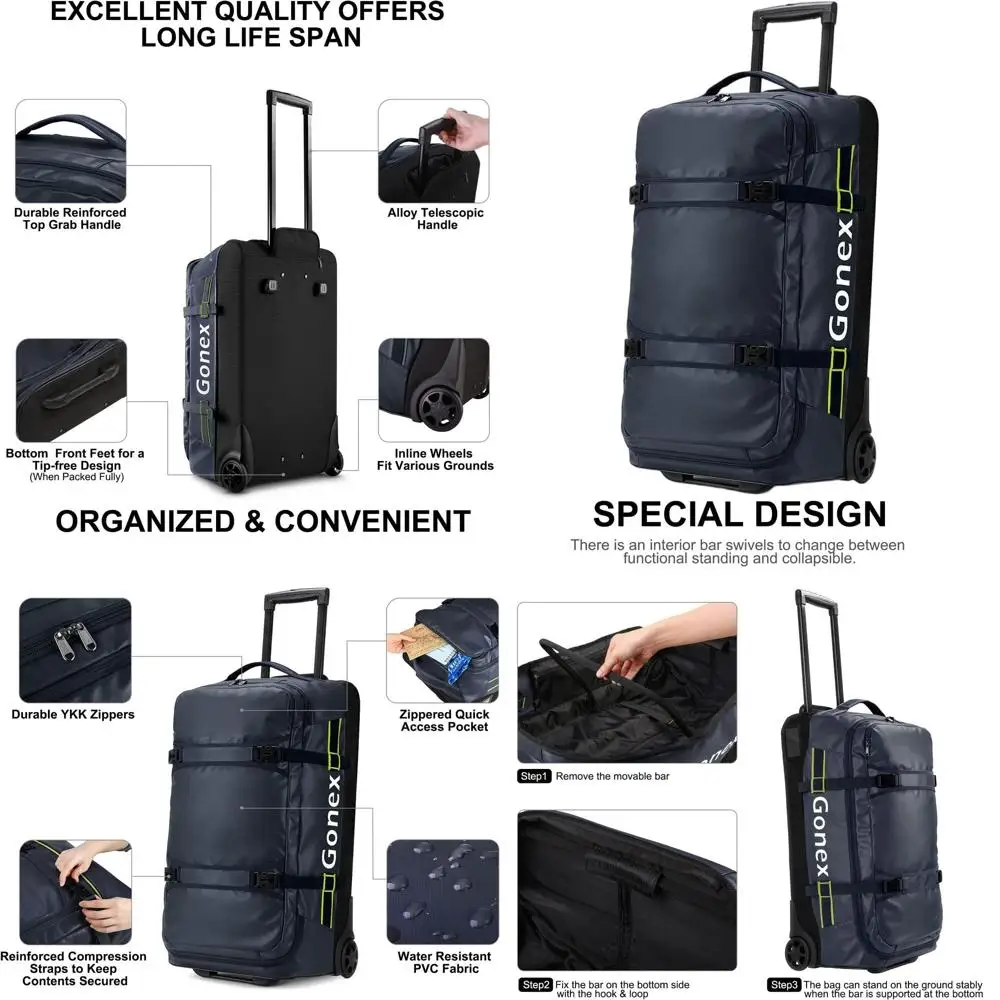 70L Large Rolling Travel Duffel Bag with Wheels, 25 Inch, Navy Blue