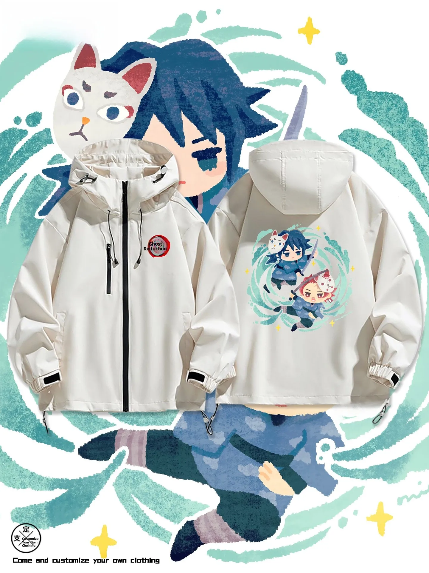 شبح القاتل الكرتون Q نسخة Jaet الرجال ربيع الخريف سستة مزين يندبروف ملابس خارجية عادية مقنعين Jaet #1