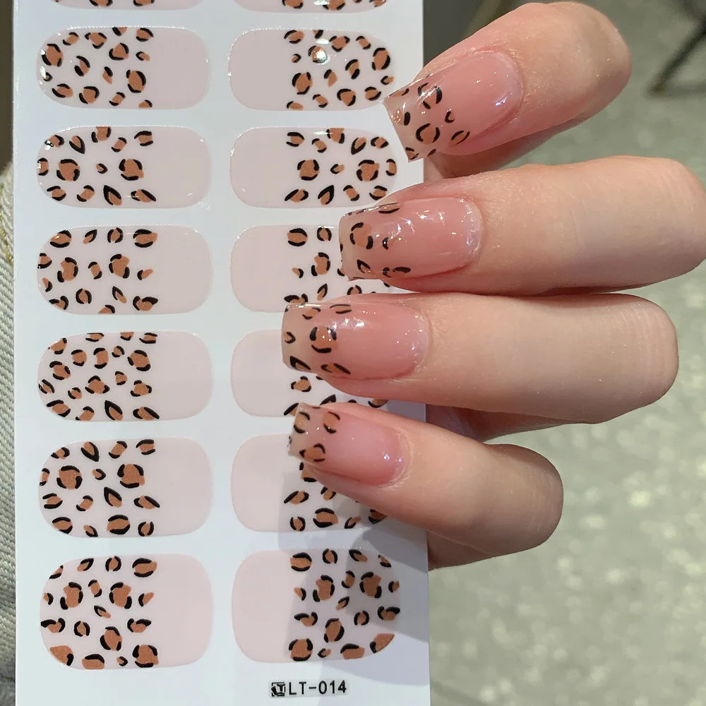 32 Strips Autumn Nail Stickers Full Cover Leopard Print Nail Patch Manicure Semi Cured Gel Nail Polish Strips