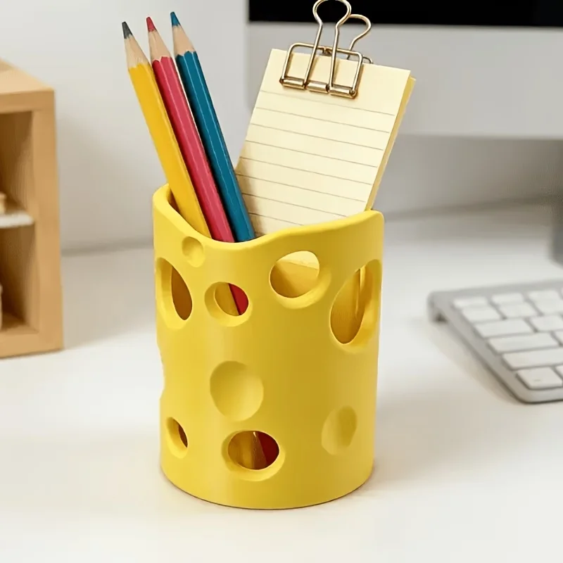 Fun design decoration cheese pen holder desktop decoration cheese style storage rack with divided yellow cheese storage rack