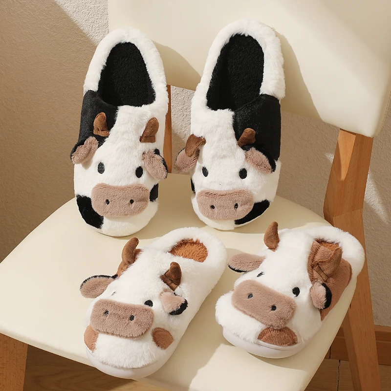 New Winter Unisex Cartoon Cow Warm Plush Slippers Couple\'s Indoor Non-slip House Slides Men And Women Toe Wrap Home Cotton Shoes