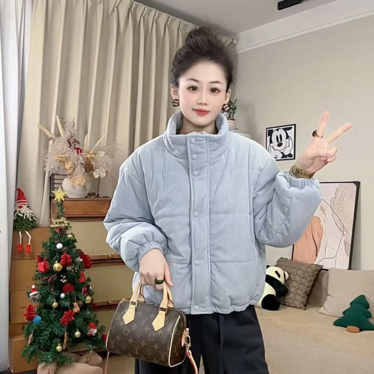 2026 Women Corduroy Cotton Padded Jacket Winter Coat New Solid Stand Collar Short Jacket Versatile Casual Cotton Clothing Female 2