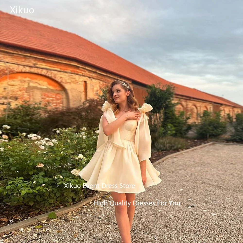 

Xikuo Плиссированные вечерние платья с бантом и бретельками выше колена, винтажные платья трапециевидной формы со шнуровкой сзади, Vintage Vestidos De 15, Quinceañera по индивидуальному заказу