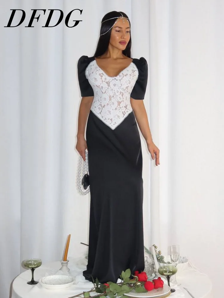 

Женское платье DFDG: элегантное вечернее макси-платье с контрастным кружевом и пышными рукавами, приталенное, трендовая женская мода весна-лето 2026